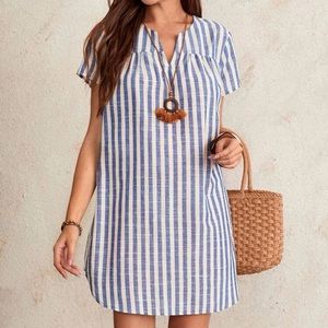 Blue and white Notch Neck striped dress